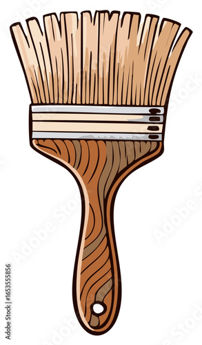 Handheld wooden paint brush with light brown bristles and metal ferrule