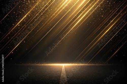 Golden light streaks and particles illuminate a dark textured background with a bright reflection