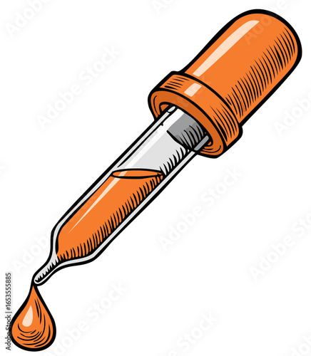 Vibrant orange liquid dropping from a classic science laboratory pipet illustration