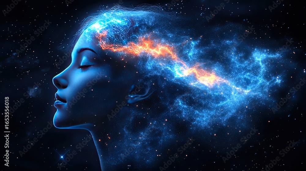 Conceptual depiction of a woman's mind, energy and consciousness in space Conceptual depiction of a woman's mind, energy and consciousness in space