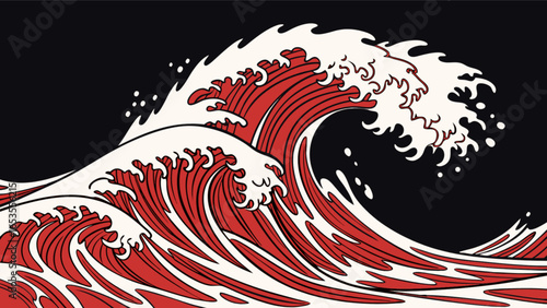Red and white japanese wave art print, ocean wave illustration, sea wave poster, oriental art design