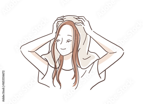 洗髪後に髪をタオルで拭く女性のイラスト素材