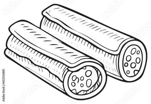 Stuffed cannelloni pasta tubes with filling black and white line art