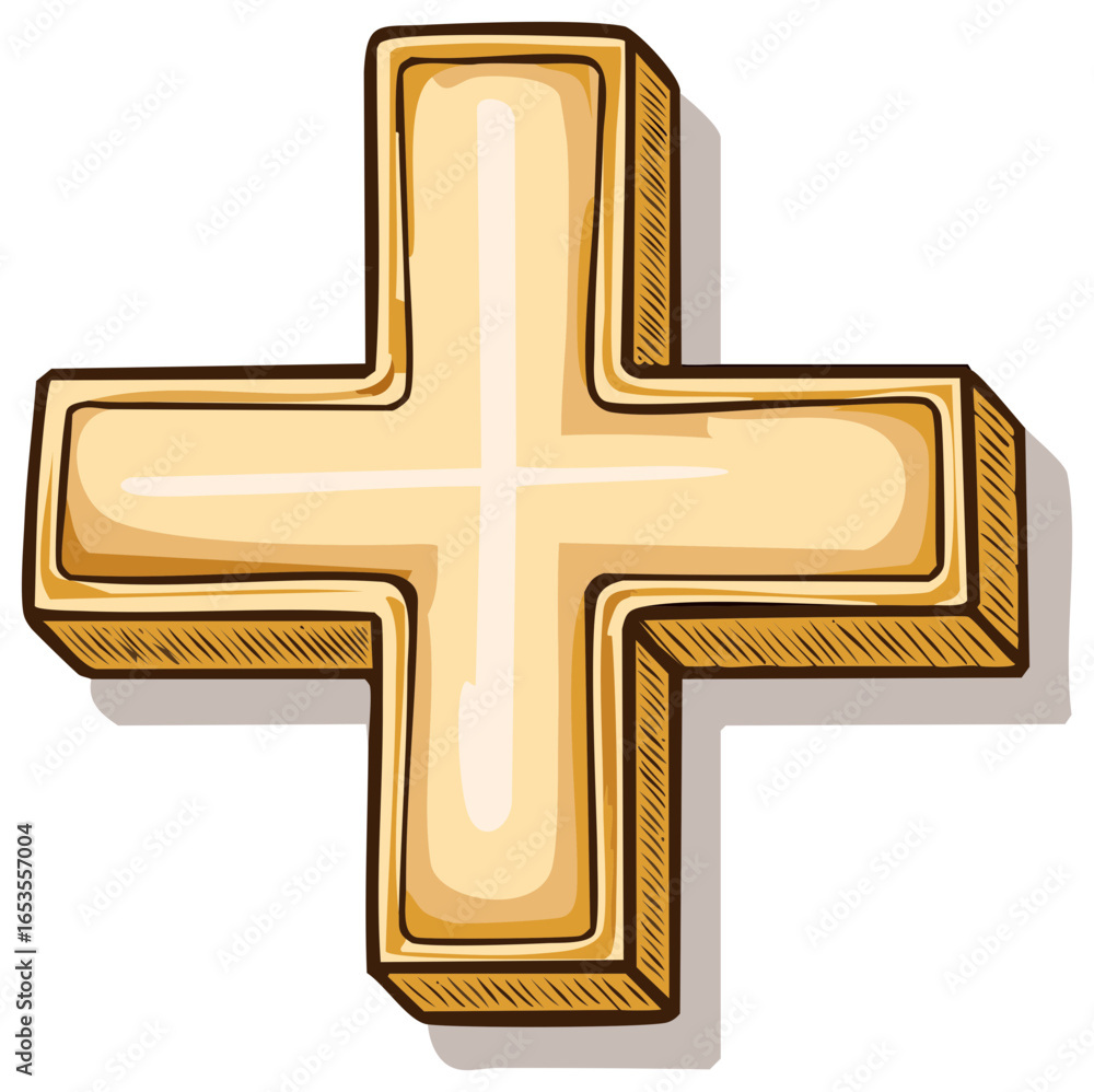 Fototapeta premium Bright golden plus sign with a three-dimensional effect, hand-drawn in a playful cartoon style, symbolizing addition and growth.