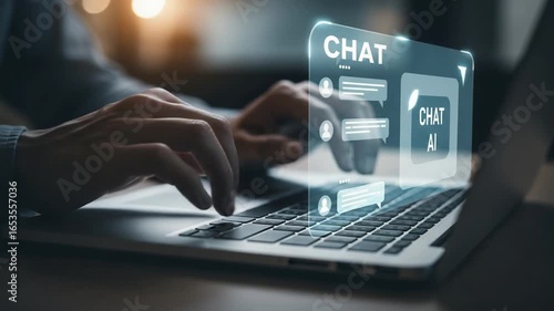 Hands typing on laptop with chat ai interface overlay showing conversation bubbles and profile icon