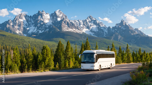modern white tour bus parked roadside with majestic snow-capped mountains and pine forests in background. scenic lookout offers breathtaking views. ideal for travel and vacation themes.