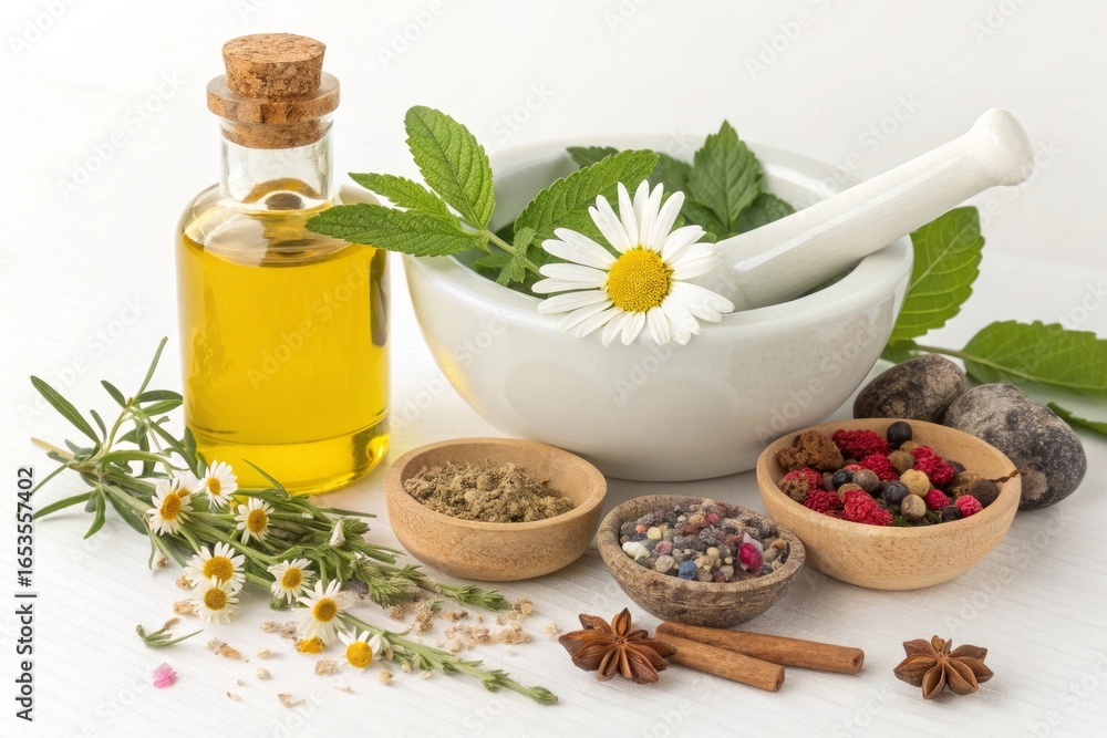 Herbal remedies and natural ingredients in a mortar and pestle with oil Herbal remedies and natural ingredients in a mortar and pestle with oil