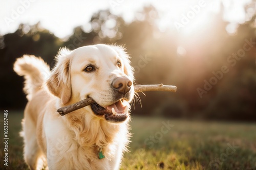 Golden Retriever Carrying a Stick in a Sunlit Park