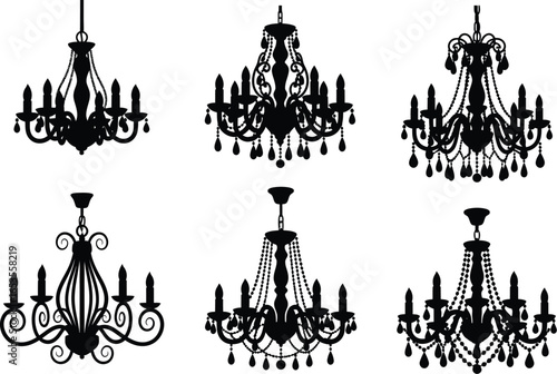 Collection of six ornate black silhouette chandeliers with multiple tiers and candle holders on a white background