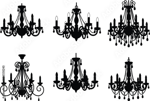 Collection of six ornate black silhouette chandeliers with detailed arms and crystal accents on a white background