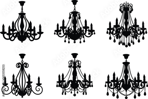 Collection of six ornate black silhouette chandeliers with multiple tiers and candle holders on a white background
