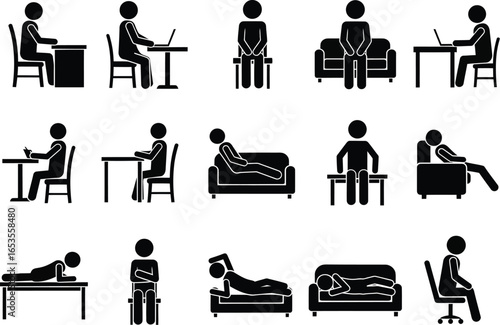 Collection of diverse stick figure poses showcasing various human activities and postures in different settings like office and home
