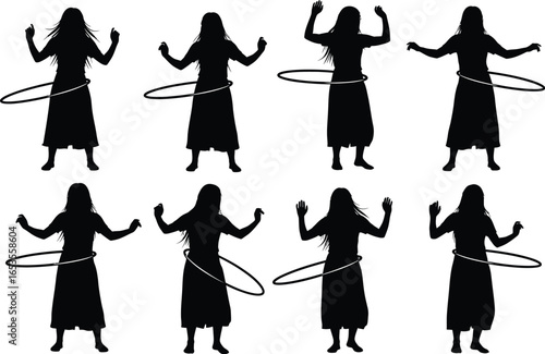 Silhouette of a woman performing with a hula hoop in various dynamic poses against a white background