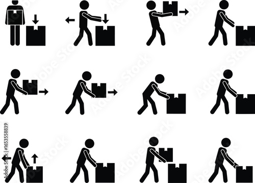 Pictograms illustrating safe manual handling techniques for lifting and moving heavy boxes and packages