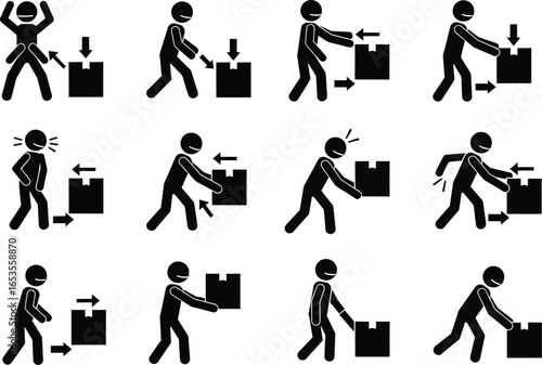 Set of twelve pictogram illustrations showing safe and unsafe methods for lifting and carrying heavy boxes and packages