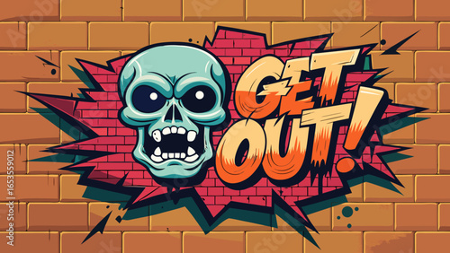 Aggressive skull with glowing eyes and the bold graffiti text "GET OUT!" painted on a brick wall. Perfect for themes of warning, danger, horror, rebellion, street art, and urban style.