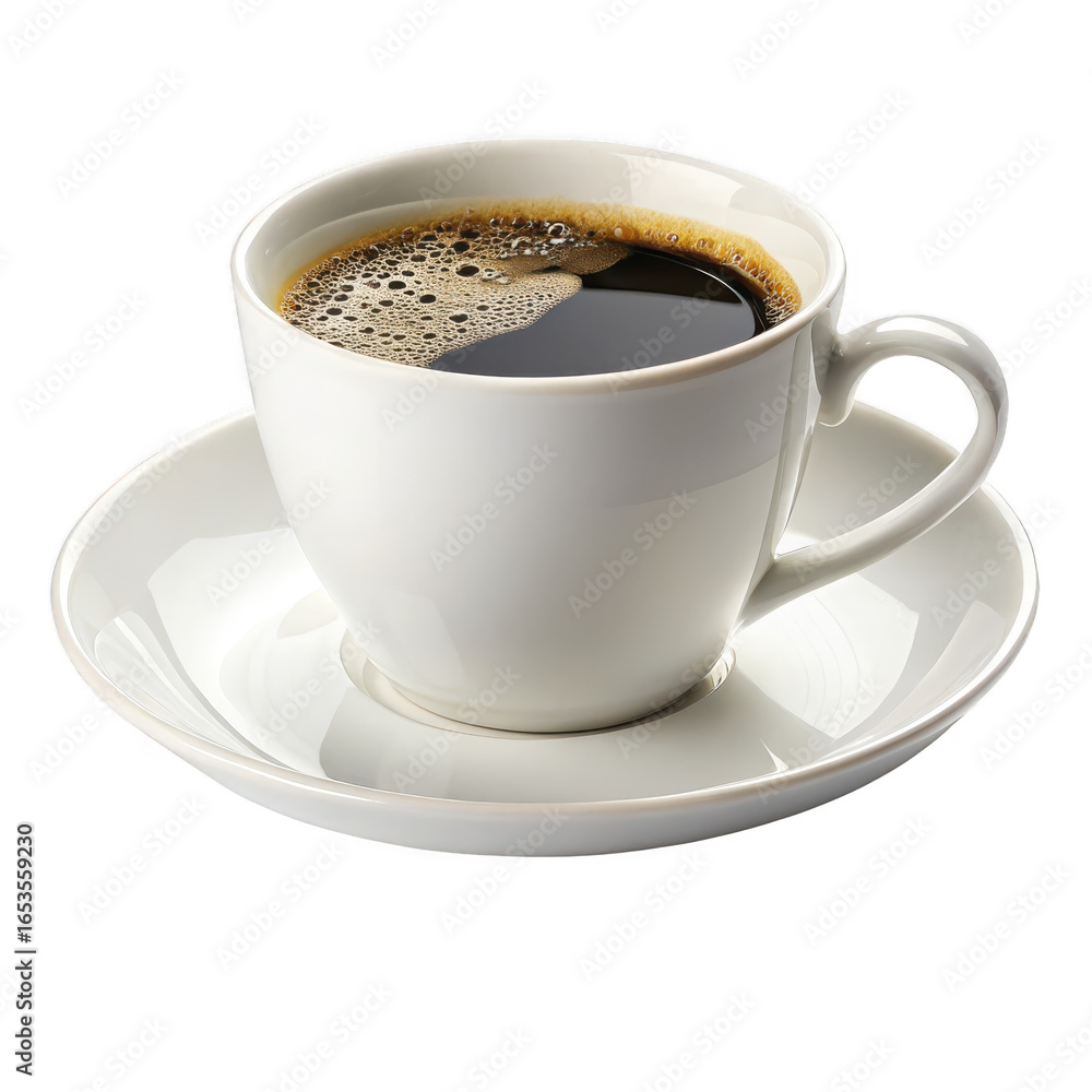 Fototapeta premium A white cup of hot black coffee with foam on a saucer isolated on transparent background