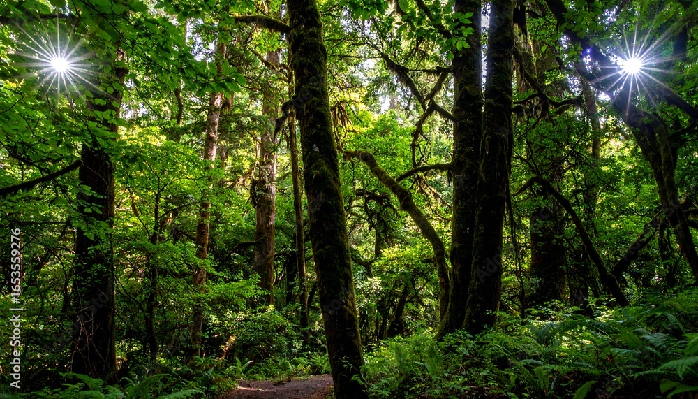 Obraz premium Lush forest canopy with sunlight filtering through