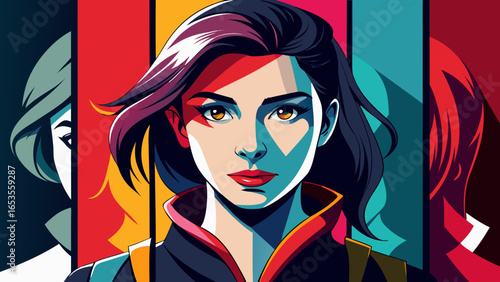 a young woman with a determined expression set against a vibrant, high-contrast Pop Art color background. Symbolizes power, diversity, confidence, and modern female empowerment.