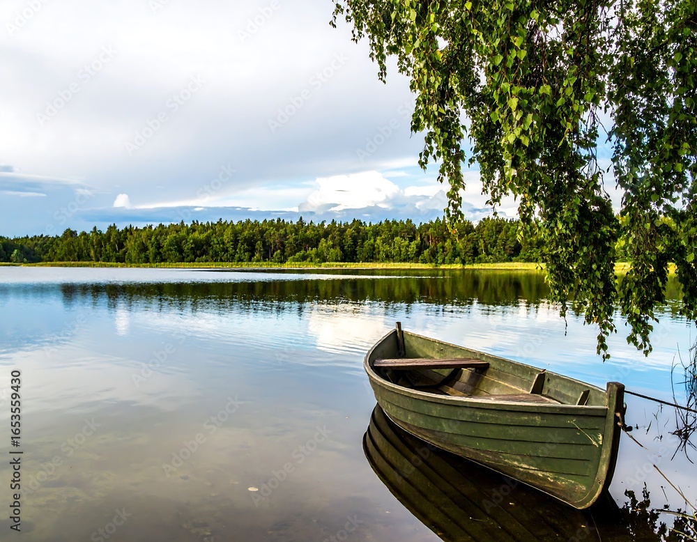 Obraz premium Peaceful lake scene with a small boat