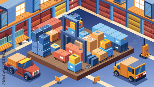 Isometric view of a busy warehouse interior with forklifts and stacked boxes logistics storage transparency background