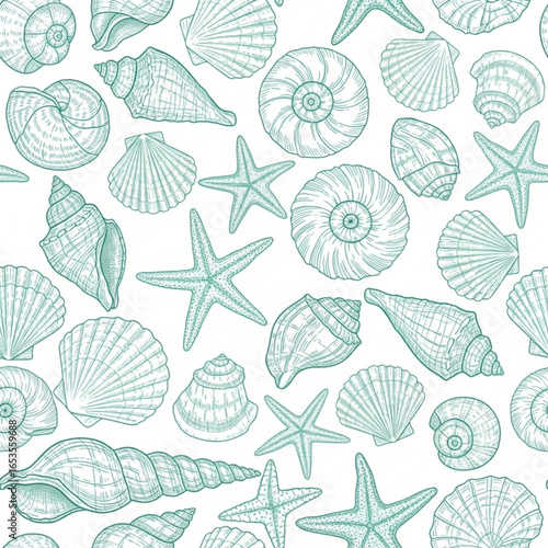 Seamless pattern of seashells and starfish in a vintage illustration style