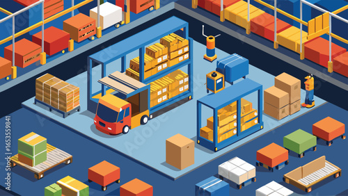 Isometric view of a busy warehouse interior with forklifts, shelves, and stacked boxes logistics storage transparency background