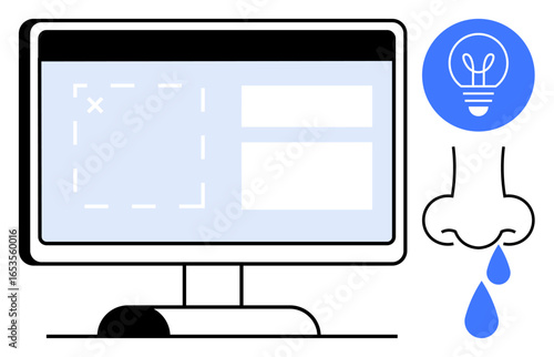 Computer screen with forms, blue light bulb symbolizing ideas, nose with droplets for allergy awareness. Ideal for innovation, technology, creativity, health, awareness campaigns, process design