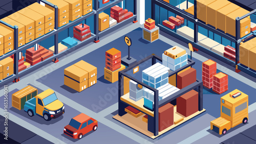 Isometric view of a busy warehouse interior with forklifts, trucks, and stacked boxes logistics storage transparency background