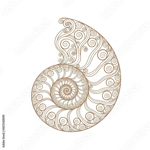Ornate nautilus shell spiral pattern isolated on white background