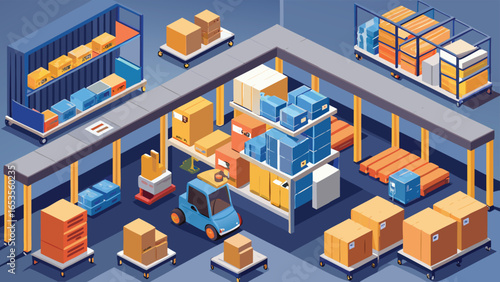 Isometric Warehouse Interior with Boxes and Forklift logistics shipping transparency background