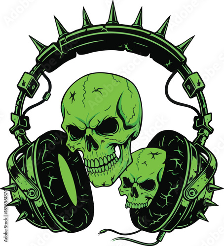 A stylized illustration featuring two green skulls, integrated with a spiked headset design.