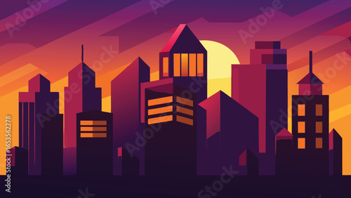 Minimalist City Skyline Silhouette at Sunset with Geometric Buildings and Sun urban transparency background