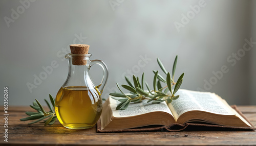 Anointed pure olive oil in glass jar beside open Bible, green olive branch on rustic wooden table. Image God Holy Spirit, representing peace, purity, blessings. Ideal for religious contexts,