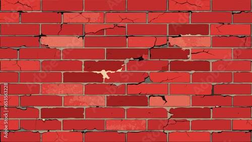 Grungy, seamless red brick wall texture with severe cracks and distressed mortar. A rough, weathered background perfect for urban, decay, or construction themes. Vector illustration.