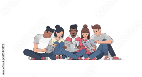 Diverse group of young adults engrossed in reading books together, sitting on the floor.