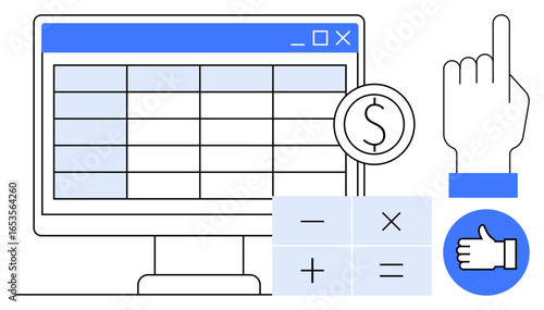 Computer monitor displaying a spreadsheet, calculator icons, currency signs, pointing hand, and approval icon. Ideal for finance, data, analytics, budget accounting calculation simple landing page