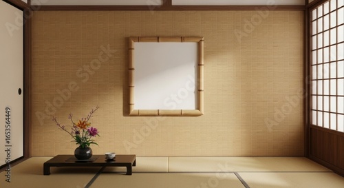 Traditional Japanese room with bamboo frame mockup, tatami mats, flowers and soft natural light