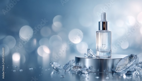 A cosmetic dropper bottle on a pedestal of ice