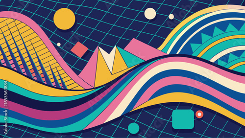 Retro Abstract Landscape with Wavy Lines and Geometric Shapes on a Grid transparency background vector illustration