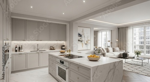 Fototapeta Naklejka Na Ścianę i Meble -  Elegant open-concept kitchen and living space featuring marble countertops and modern design