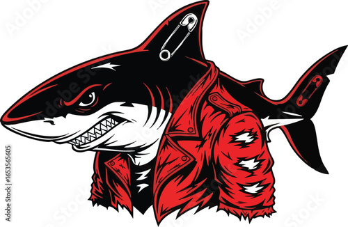 A fierce cartoon shark wearing a red leather jacket and safety pins, looking angry.