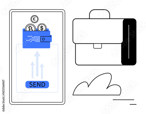 Mobile wallet transferring Bitcoin, Euro, and Dollar coins with Send button. Includes digital currency concept, payment, finance, technology, e-commerce, investment simple landing page