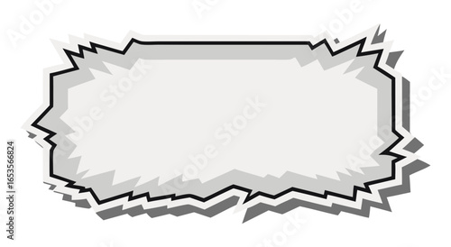 Explosive, jagged-edge text box or comic book speech bubble with a drop shadow. A dynamic, aggressive graphic for urgent messages, announcements, or action-packed designs.