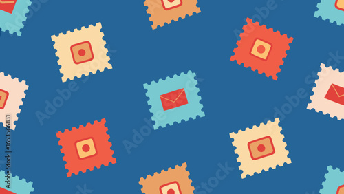 Seamless pattern of postage stamps with envelope and circular motifs on a deep blue transparency background mail