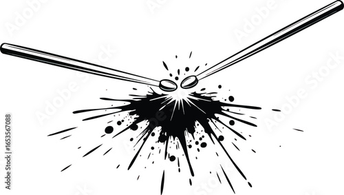 Two drumsticks striking a surface, creating a splash of ink.