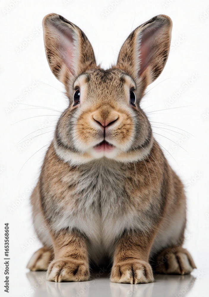 Fototapeta premium A close-up of a brown and white rabbit with upright ears against a white background