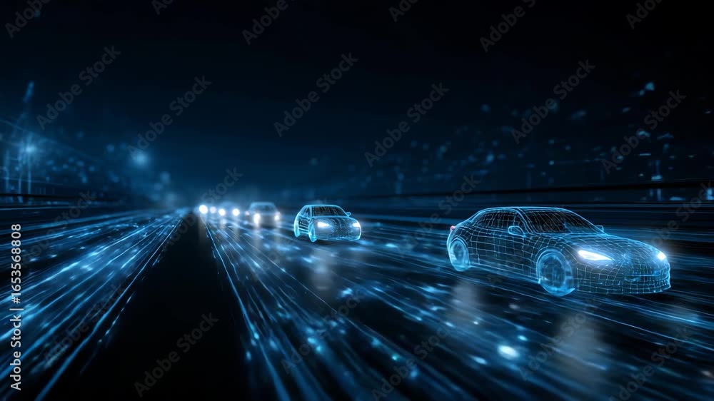 Exciting futuristic autonomous car driving with dynamic speed on digital highway at night