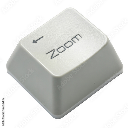 Single white computer keyboard key with zoom symbol and text isolated on transparent background