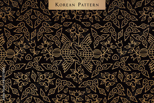 Traditional Korean Crane and Cloud Floral Pattern with Elegant Golden Motifs on black background for Luxury Design